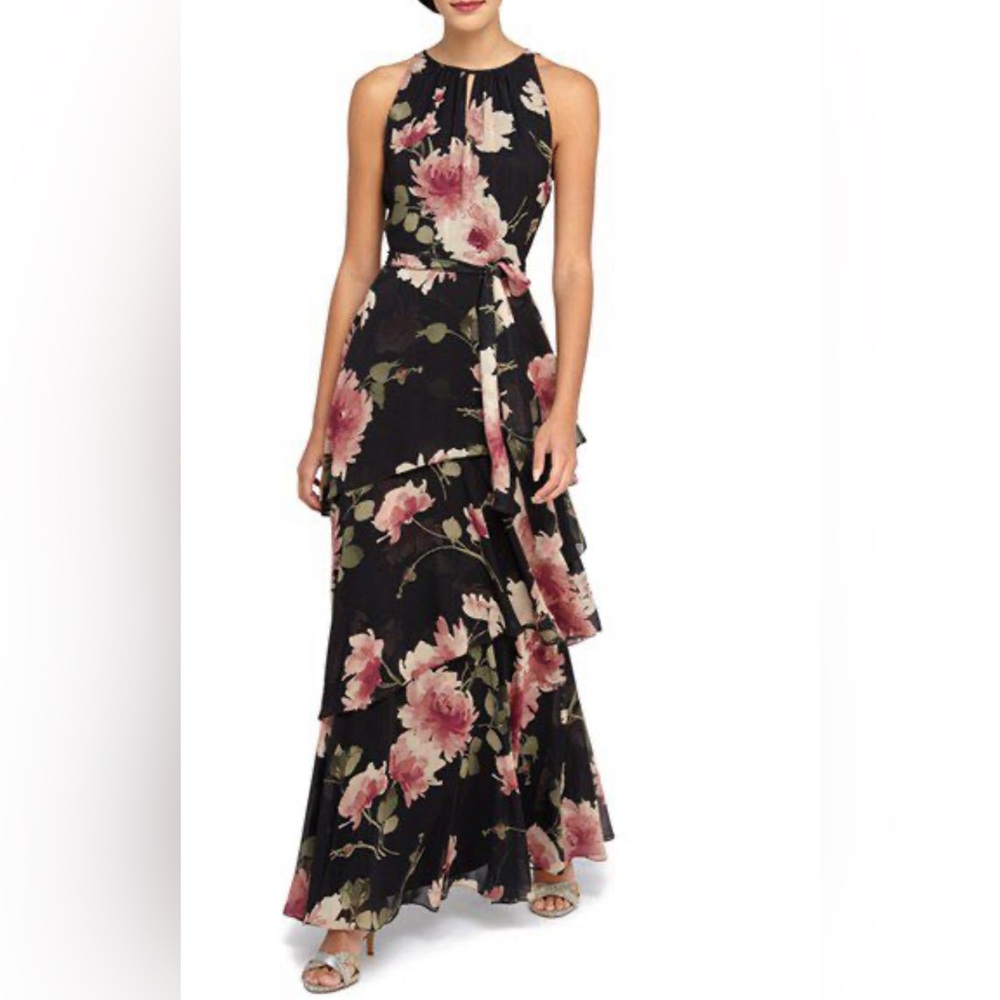 Tahari  Arthur S. Levine Floral Tiered Ruffle Tie Waist Dress Size 2